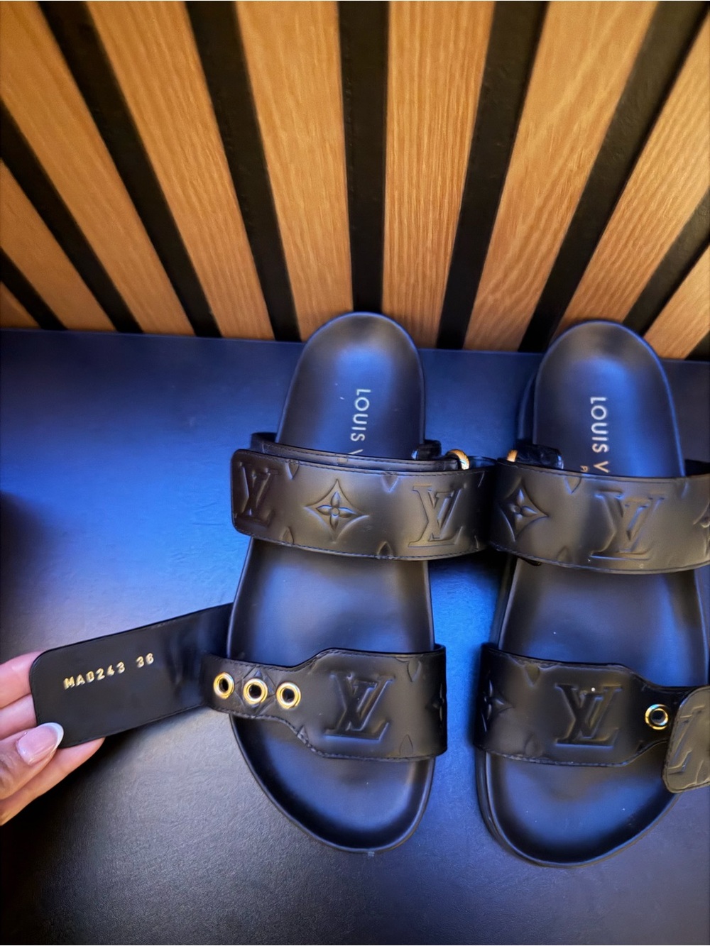 Louis Vuitton Black Embossed Monogram Double-Strap Slide Sandals - Picture 14 of 15